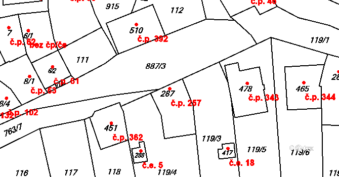 Slatinice 257 na parcele st. 287 v KÚ Slatinice na Hané, Katastrální mapa
