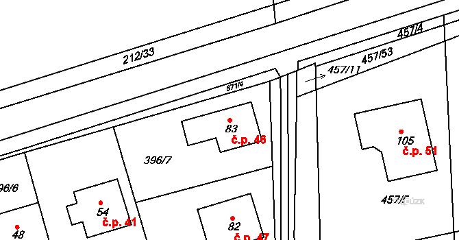 Zářecká Lhota 46 na parcele st. 83 v KÚ Zářecká Lhota, Katastrální mapa