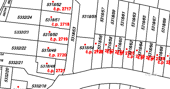 Žabovřesky 2722, Brno na parcele st. 5318/54 v KÚ Žabovřesky, Katastrální mapa