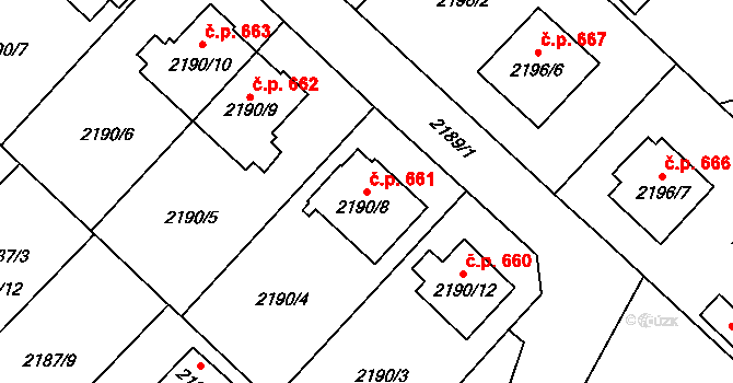 Místek 661, Frýdek-Místek na parcele st. 2190/8 v KÚ Místek, Katastrální mapa