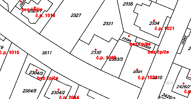 Horní Počernice 1019, Praha na parcele st. 2330 v KÚ Horní Počernice, Katastrální mapa