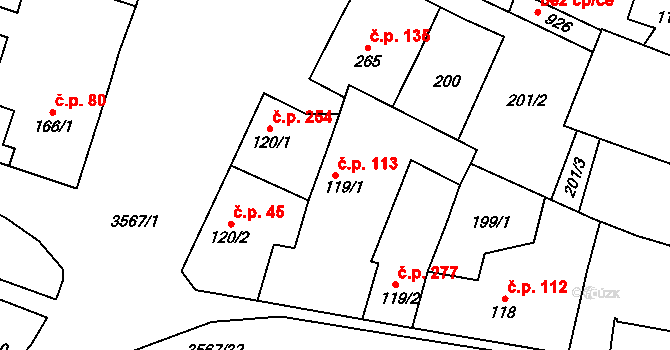 Lomnice nad Lužnicí 113 na parcele st. 119/1 v KÚ Lomnice nad Lužnicí, Katastrální mapa