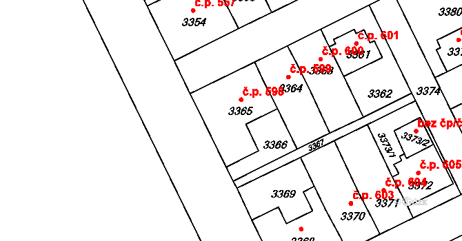Záběhlice 598, Praha na parcele st. 3365 v KÚ Záběhlice, Katastrální mapa