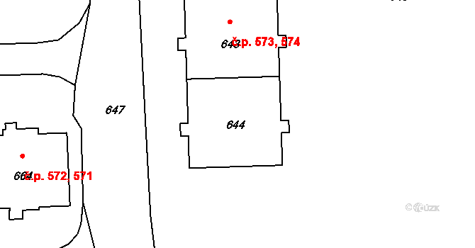 Háje 573,574, Praha na parcele st. 644 v KÚ Háje, Katastrální mapa