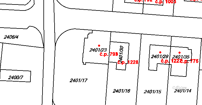 Hostivař 793, Praha na parcele st. 2401/23 v KÚ Hostivař, Katastrální mapa