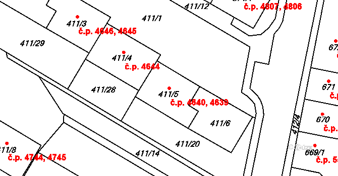 Chomutov 4639,4640 na parcele st. 411/5 v KÚ Chomutov I, Katastrální mapa