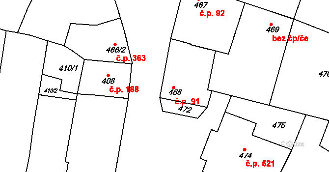 Blučina 91 na parcele st. 468 v KÚ Blučina, Katastrální mapa