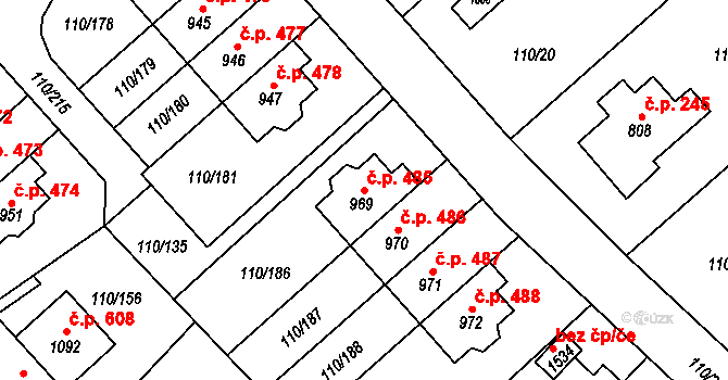 Dolní Jirčany 485, Psáry na parcele st. 969 v KÚ Dolní Jirčany, Katastrální mapa