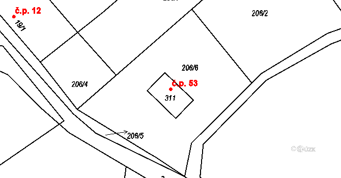 Jaronín 53, Brloh na parcele st. 311 v KÚ Jaronín, Katastrální mapa