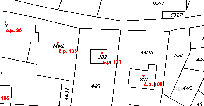 Libošovice 111 na parcele st. 202 v KÚ Libošovice, Katastrální mapa