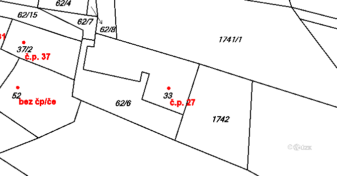 Vlčatín 27 na parcele st. 33 v KÚ Vlčatín, Katastrální mapa