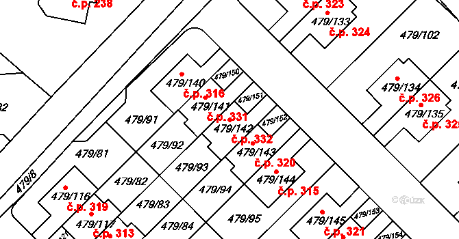 Třeboradice 332, Praha na parcele st. 479/142 v KÚ Třeboradice, Katastrální mapa