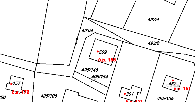 Myšlín 155, Mnichovice na parcele st. 509 v KÚ Myšlín, Katastrální mapa
