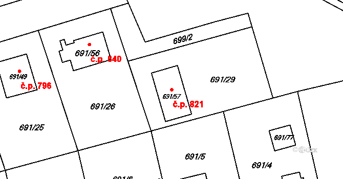 Svinov 821, Ostrava na parcele st. 691/57 v KÚ Svinov, Katastrální mapa