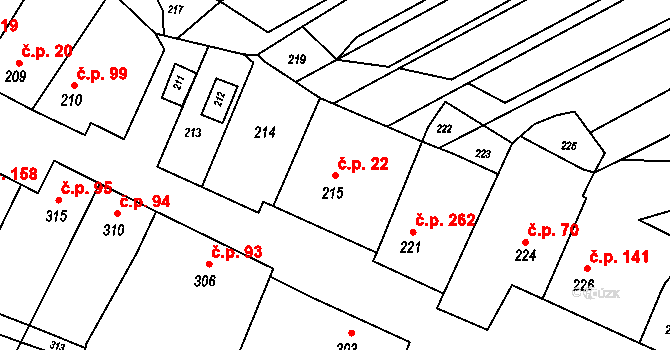 Milešovice 22 na parcele st. 215 v KÚ Milešovice, Katastrální mapa