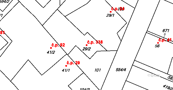 Trnová 338, Pardubice na parcele st. 29/2 v KÚ Trnová, Katastrální mapa