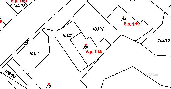 Chlum 114, Hlinsko na parcele st. 26 v KÚ Chlum u Hlinska, Katastrální mapa