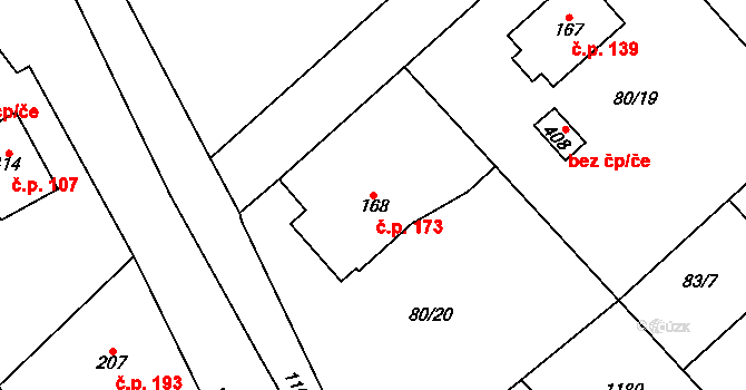 Horní Počaply 173 na parcele st. 168 v KÚ Horní Počaply, Katastrální mapa
