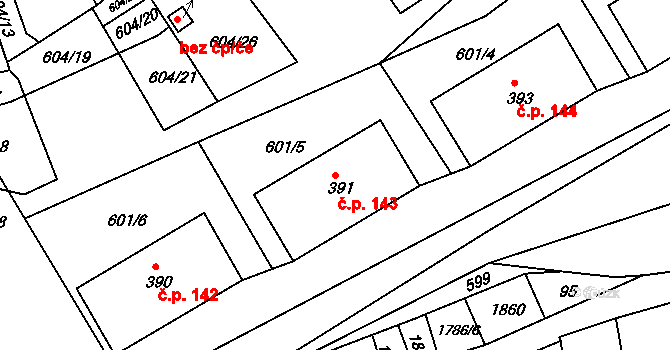 Manětín 143 na parcele st. 391 v KÚ Manětín, Katastrální mapa