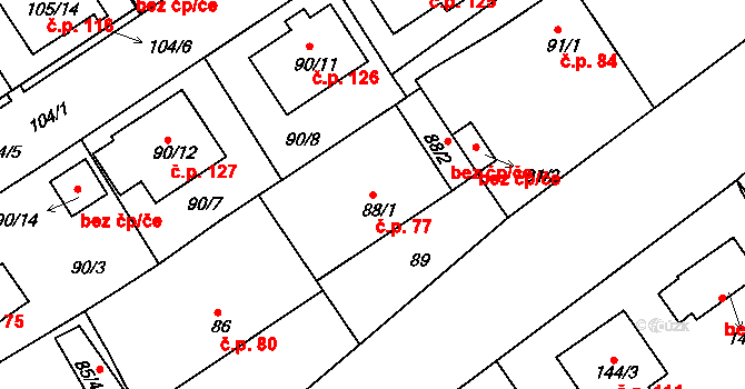 Plzeňské Předměstí 77, Horšovský Týn na parcele st. 88/1 v KÚ Horšovský Týn, Katastrální mapa