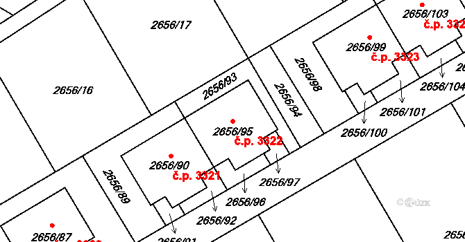 Teplice 3322 na parcele st. 2656/95 v KÚ Teplice, Katastrální mapa
