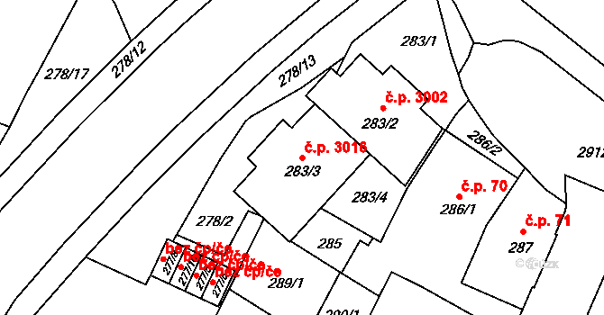Předměstí 3016, Opava na parcele st. 283/3 v KÚ Opava-Předměstí, Katastrální mapa
