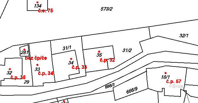 Čunín 32, Konice na parcele st. 35 v KÚ Čunín, Katastrální mapa