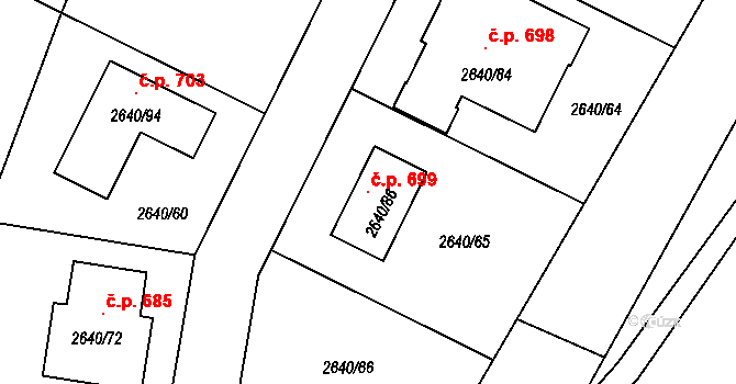 Mimoň I 699, Mimoň na parcele st. 2640/86 v KÚ Mimoň, Katastrální mapa