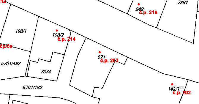 Hrádek 203 na parcele st. 571 v KÚ Hrádek u Znojma, Katastrální mapa