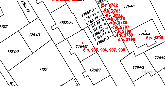 Jihlava 905,906,907,908 na parcele st. 1764/6 v KÚ Jihlava, Katastrální mapa