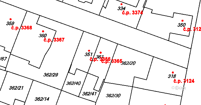 Jihlava 3365 na parcele st. 361 v KÚ Bedřichov u Jihlavy, Katastrální mapa