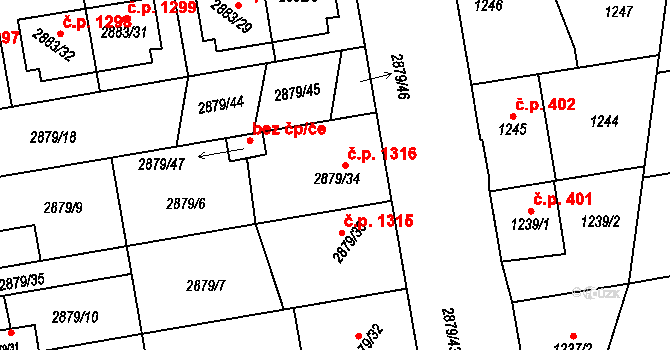 Dubňany 1316 na parcele st. 2879/34 v KÚ Dubňany, Katastrální mapa