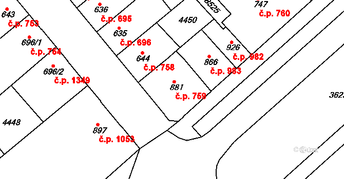 Veselí nad Moravou 759 na parcele st. 881 v KÚ Veselí-Předměstí, Katastrální mapa