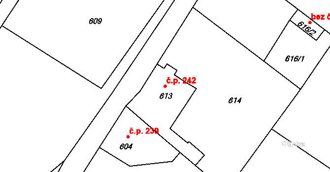 Donín 242, Hrádek nad Nisou na parcele st. 613 v KÚ Donín u Hrádku nad Nisou, Katastrální mapa