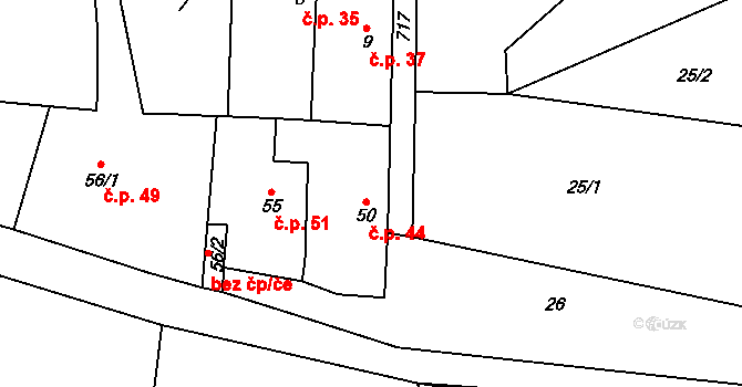 Holušice 44, Sedlice na parcele st. 50 v KÚ Holušice u Mužetic, Katastrální mapa