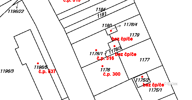 Proboštov 316 na parcele st. 1178/1 v KÚ Proboštov u Teplic, Katastrální mapa
