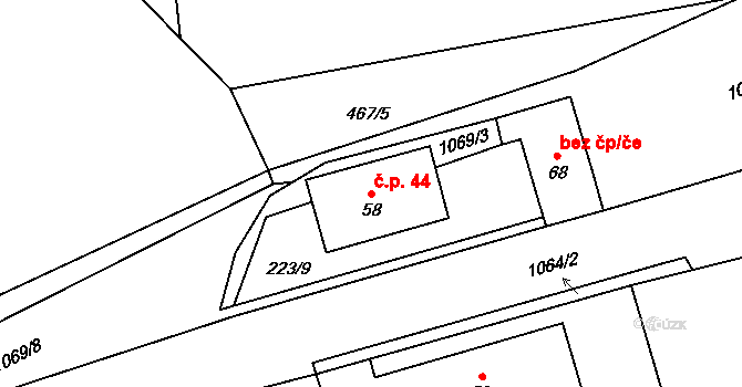 Bochovice 44 na parcele st. 58 v KÚ Bochovice, Katastrální mapa
