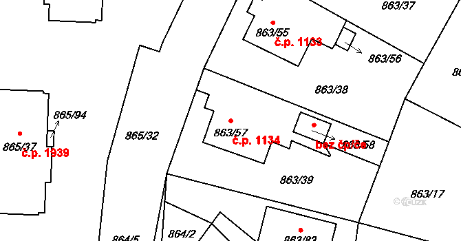 Pelhřimov 1134 na parcele st. 863/57 v KÚ Pelhřimov, Katastrální mapa