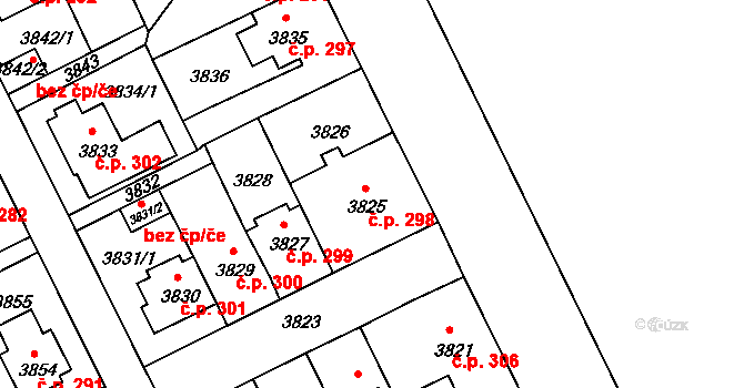 Záběhlice 298, Praha na parcele st. 3825 v KÚ Záběhlice, Katastrální mapa