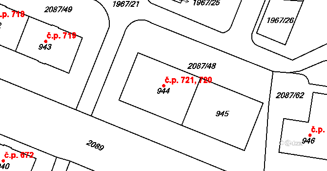 Kbely 720,721, Praha na parcele st. 945 v KÚ Kbely, Katastrální mapa