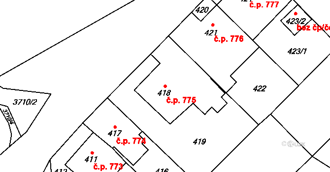 Fryštát 775, Karviná na parcele st. 418 v KÚ Karviná-město, Katastrální mapa