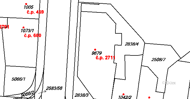 Zelené Předměstí 2711, Pardubice na parcele st. 9679 v KÚ Pardubice, Katastrální mapa