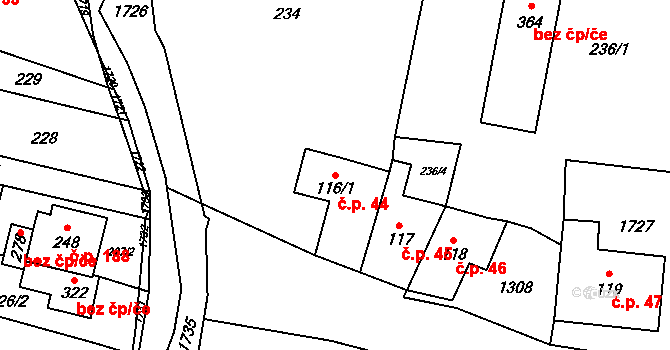 Pilníkov 44 na parcele st. 116/1 v KÚ Pilníkov I, Katastrální mapa