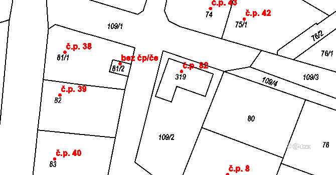 Přítoky 82, Miskovice na parcele st. 319 v KÚ Přítoky, Katastrální mapa