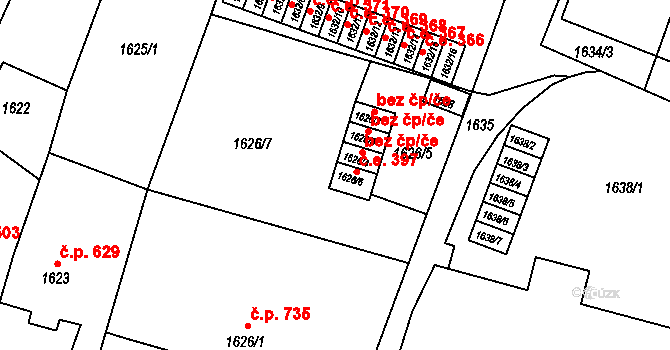 Bučovice 397 na parcele st. 1626/6 v KÚ Bučovice, Katastrální mapa