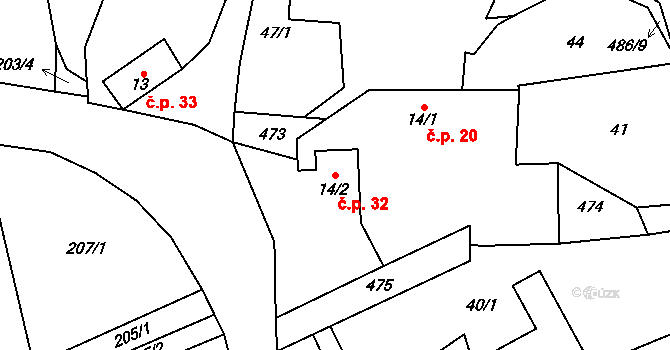 Divišov 32, Bystřice nad Pernštejnem na parcele st. 14/2 v KÚ Divišov, Katastrální mapa