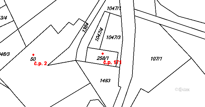 Hybrálec 171 na parcele st. 258/1 v KÚ Hybrálec, Katastrální mapa
