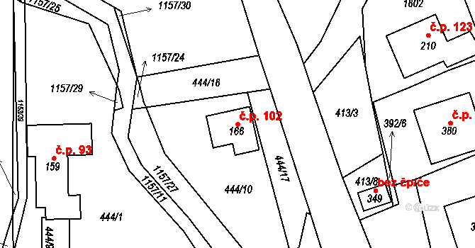 Vlčková 102 na parcele st. 166 v KÚ Vlčková, Katastrální mapa