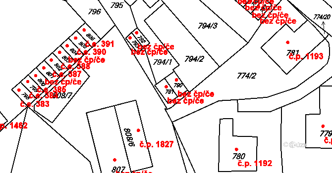 Jirkov 42854687 na parcele st. 791 v KÚ Jirkov, Katastrální mapa