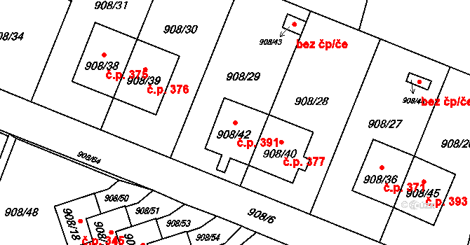 Malé Hoštice 391, Opava na parcele st. 908/42 v KÚ Malé Hoštice, Katastrální mapa